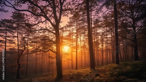 Forest bathed in golden light at sunset with tall trees, mossy ground, and pastel sky