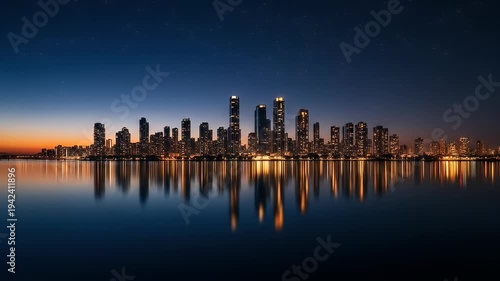 City skyline at dusk, lights twinkling, reflected in still water under a starry blue sky