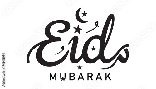 Calligraphic 'Eid Mubarak' greeting with crescent moon and star on white background.