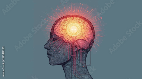 Stylized profile of a human head with a glowing, radiating brain, symbolizing intelligence and mental activity.