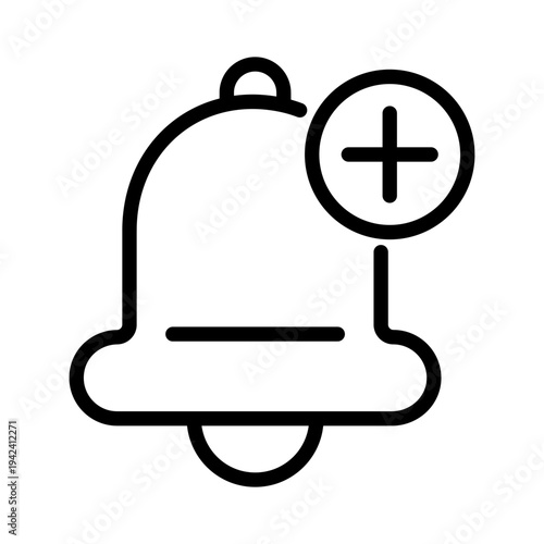 A minimalist line icon featuring a notification bell with a plus symbol representing a new subscription or alert signup