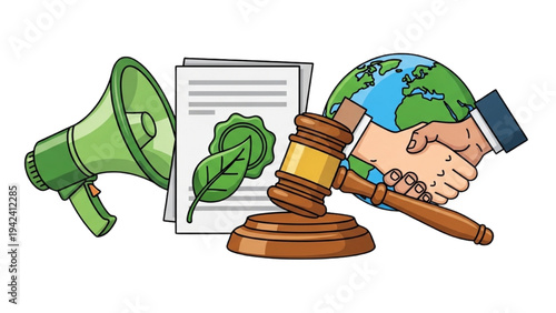 Environmental Policy Icon Set: Green Gavel, Eco Document with Leaf Seal, Megaphone and Global Handshake, Climate Law and ESG Vector Line Art Icons
