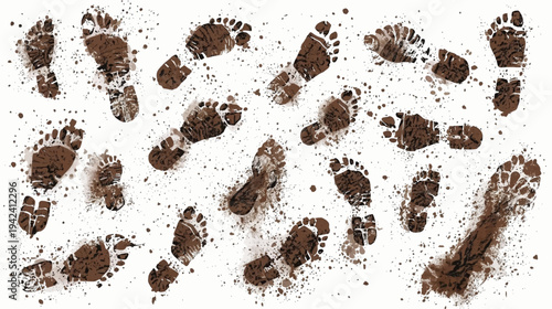 A collection of dirty human footprints and scattered soil particles on a clean white background.