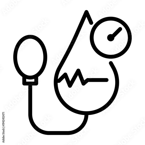Line icon showing a blood drop and a sphygmomanometer gauge for pressure measurement