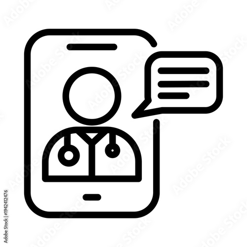 Line icon of a doctor on a smartphone screen with a speech bubble representing remote medical consultation