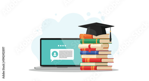 Online education concept featuring a laptop with profile icon and speech bubble next to stacked books and graduation cap.