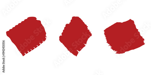 Three rough textured crimson red brush stroke paint splashes isolated on a transparent background artistic decoration elements