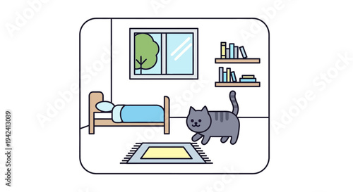 An adorable gray feline leisurely strolls through a simple, cozy bedroom, featuring a comfortable bed, a sunlit window, and a small bookshelf, depicting a tranquil domestic scene