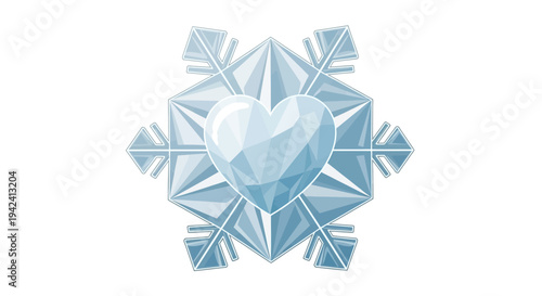 Beautifully crafted ice crystal snowflake with a sparkling blue heart at its center, perfect for winter and love themes