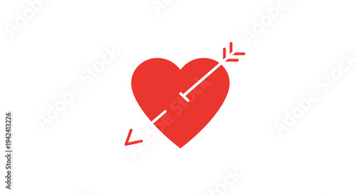 A stylized red heart pierced by an arrow, symbolizing love and affection, presented in a simple graphic illustration against a clean white background