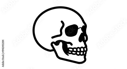 A simple black and white illustration of a human skull, featuring its characteristic bone structure and empty eye sockets, presented in a clear and graphic style