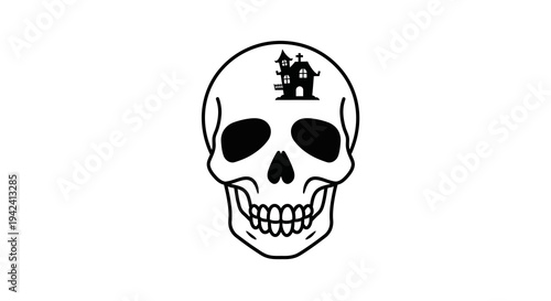 A chilling black and white illustration of a human skull with a spooky haunted house silhouette within its cranium, symbolizing eerie thoughts, inner demons, or the mind's darkest imaginings