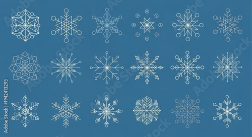 Collection of Various Snowflake Designs on Blue Background.
