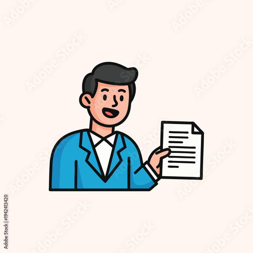 A cartoon illustration of a man in a blue suit holding up a document. He has black hair and a white collared shirt
