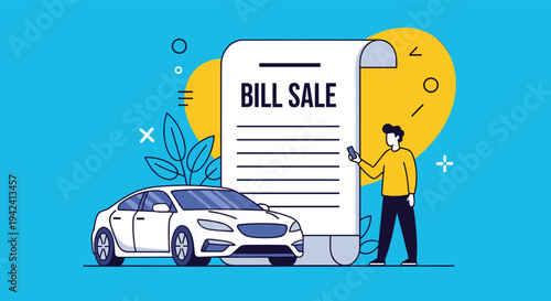 Automotive sales concept showing a man using a smartphone to finalize a bill of sale for a white passenger car on blue background.