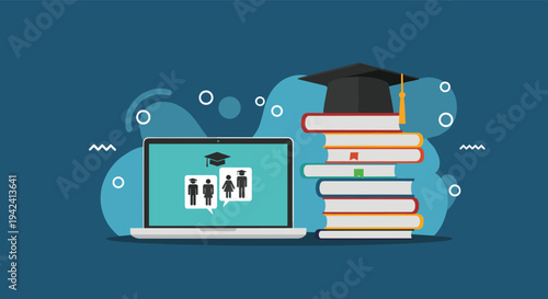 Virtual learning and graduation concept showing students on a laptop screen next to a pile of books and mortarboard cap.