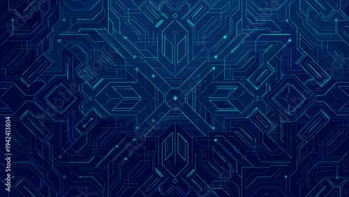 Abstract blue circuit board pattern with a central robotic face