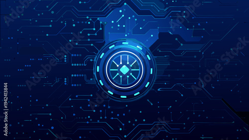 Abstract blue circuit board background with central glowing chip element