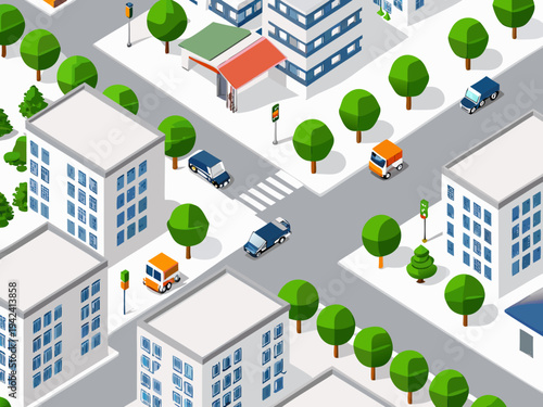 Isometric illustration of a bustling city street with cars and trees