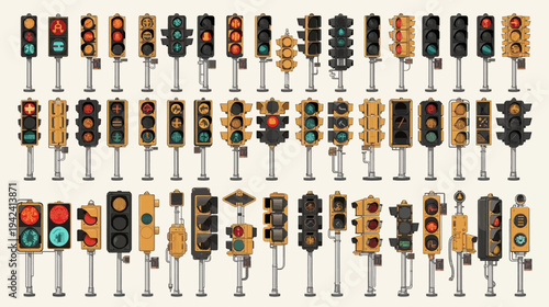 A comprehensive collection of various traffic light designs and configurations, showcasing different signals and styles.