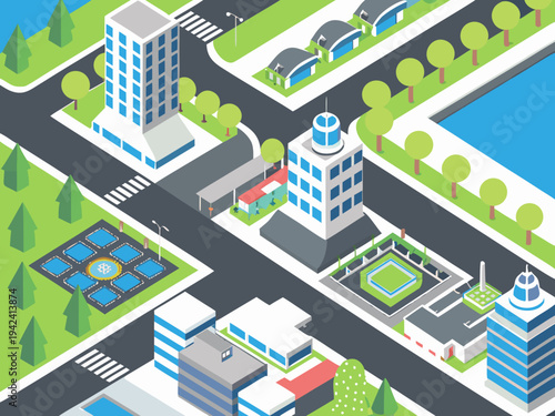 Isometric illustration of a modern city with buildings roads and parks