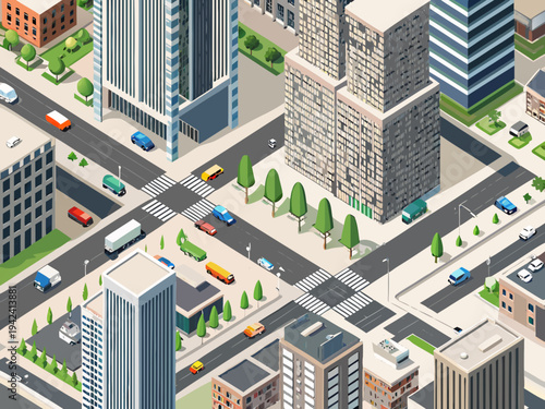 Isometric illustration of a bustling city intersection with modern buildings