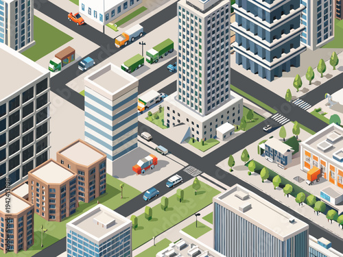 Isometric illustration of a busy city street with various vehicles and buildings