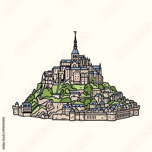 Illustration depicts a detailed depiction of a historic citadel perched atop a small island. Featuring multiple buildings, trees, and architecture