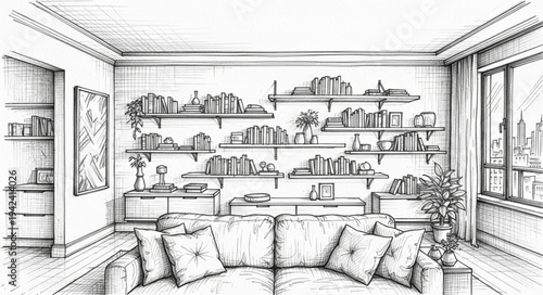 Elegant Living Room with Shelves and Couch.