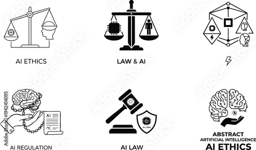 AI ethics law regulation icons artificial intelligence justice balance legal technology governance responsibility digital rights concept illustration set