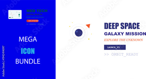 Modern vector illustration bundle: Digital health solutions, smart med tech, deep space galaxy mission exploration.
