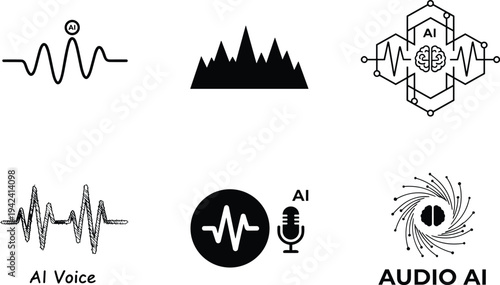 AI voice audio waveform icons artificial intelligence speech recognition sound technology digital assistant microphone neural audio processing concept set