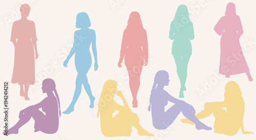 Collection of diverse female silhouettes in various poses displayed in soft pastel colors against a light neutral background representing individuality and unity in a modern
