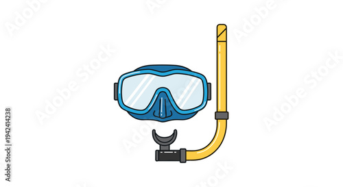 Vibrant blue scuba diving mask and yellow snorkel set presented in a clean flat vector illustration style isolated on a crisp white background perfect for aquatic adventures