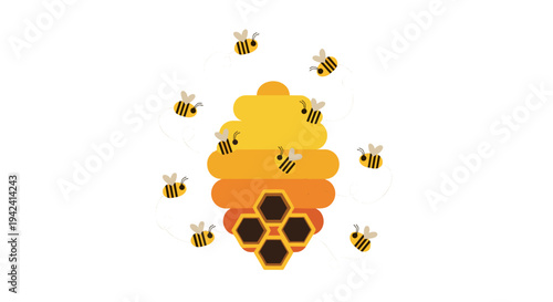 Vector illustration of a beehive with flying bees honeycomb pattern and yellow orange gradient on white background