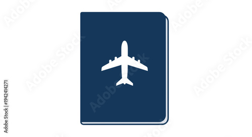 Flat design vector illustration of a dark blue passport with a white airplane icon symbolizing international travel aviation and global exploration perfect for travel agencies