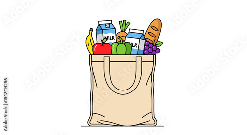 Reusable tote bag overflowing with fresh groceries including fruits vegetables bread and milk cartons depicted in a charming flat vector illustration style with clean lines