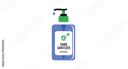 Vector hand sanitizer bottle with green pump and blue liquid on white background for hygiene and health concepts