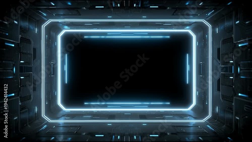 Futuristic blue HUD neon light frame with digital tech details and circular scanning interface on a dark background for scifi and cyberspace concepts.