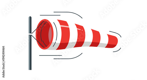 Red and white striped wind sock illustration on a pole indicating wind direction with motion lines vector graphic for aviation or weather forecasting use