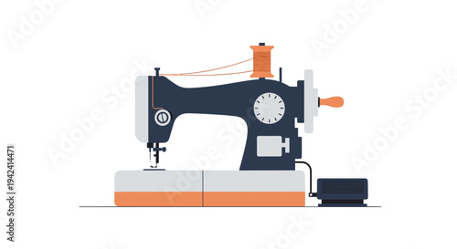 Vector illustration of a modern sewing machine with orange accents on a white background for crafting and textile design