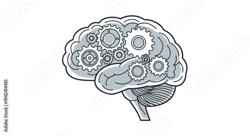 Flat vector illustration of a brain with gears and cogs symbolizing thinking and innovation in a creative technical mind