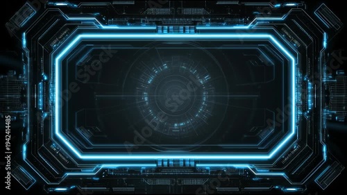 Futuristic blue HUD neon light frame with digital tech details and circular scanning interface on a dark background for scifi and cyberspace concepts.