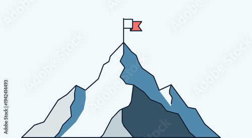 Minimalist vector illustration of a mountain peak with a flag on top symbolizing achievement and success in a stylized landscape