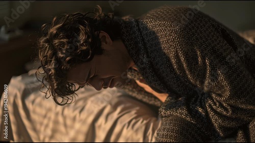 Young man in pajamas clutching his chest in pain while sitting on a bed during the morning, depicting a heart attack, chest pain, or sudden health emergency.