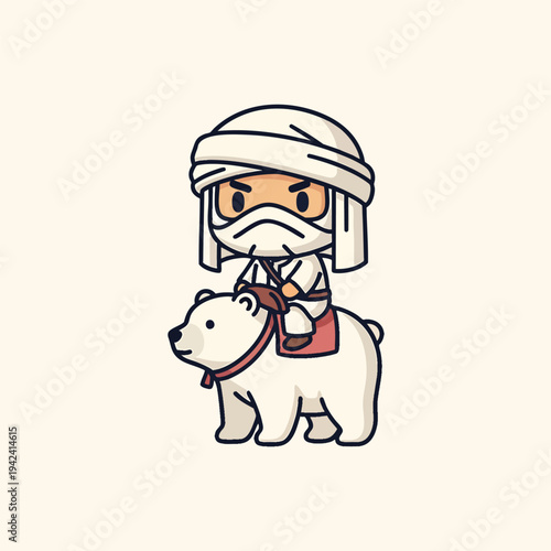 A cartoon-style illustration of a figure in white garb riding a polar bear. The rider wears a head covering and face wrap, and the bear has a saddle