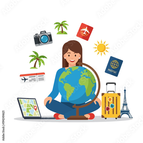 Traveler planning vacation around the world with globe, passport, suitcase, and laptop