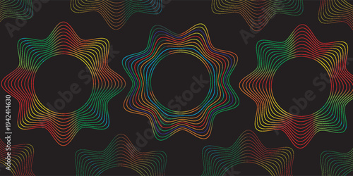 Abstract neon soundwave circles with smooth, glowing gradient lines set for banner,music visuals, audio equalizer, digital art, sci fi themes, tech branding, futuristic backgrounds.Vector illustration