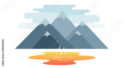 Serene mountain landscape with hot spring steam rising surrounded by blue mountains and clouds peaceful natural scenery