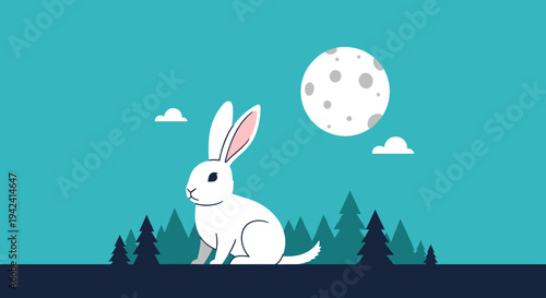 Minimalist vector illustration of a white rabbit sitting under a full moon with trees and clouds in a serene night landscape